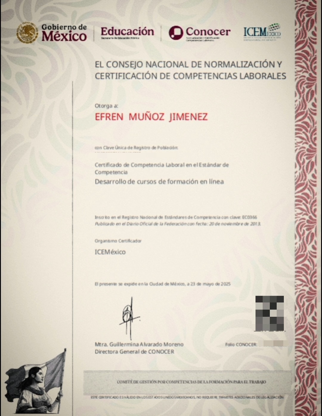 Certificado de Competencia Laboral en el Estándar de Competencia EC0366